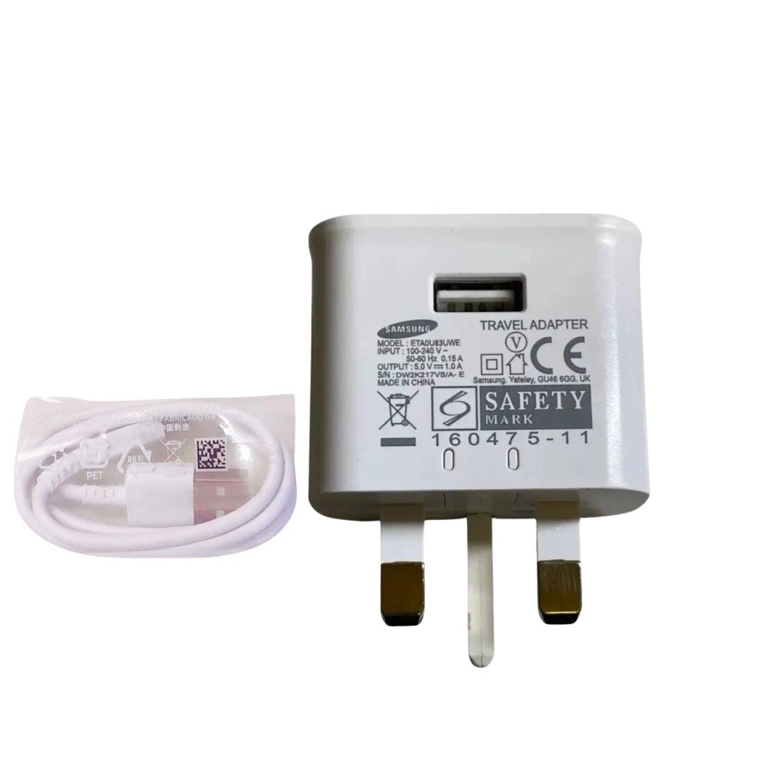 Genuine Samsung 1 Amp USB Charging Plug Adaptor ETA0U83UWE Plug + Cable - White