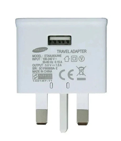 Genuine Samsung 1 Amp USB Charging Plug Adaptor ETA0U83UWE Plug + Cable - White