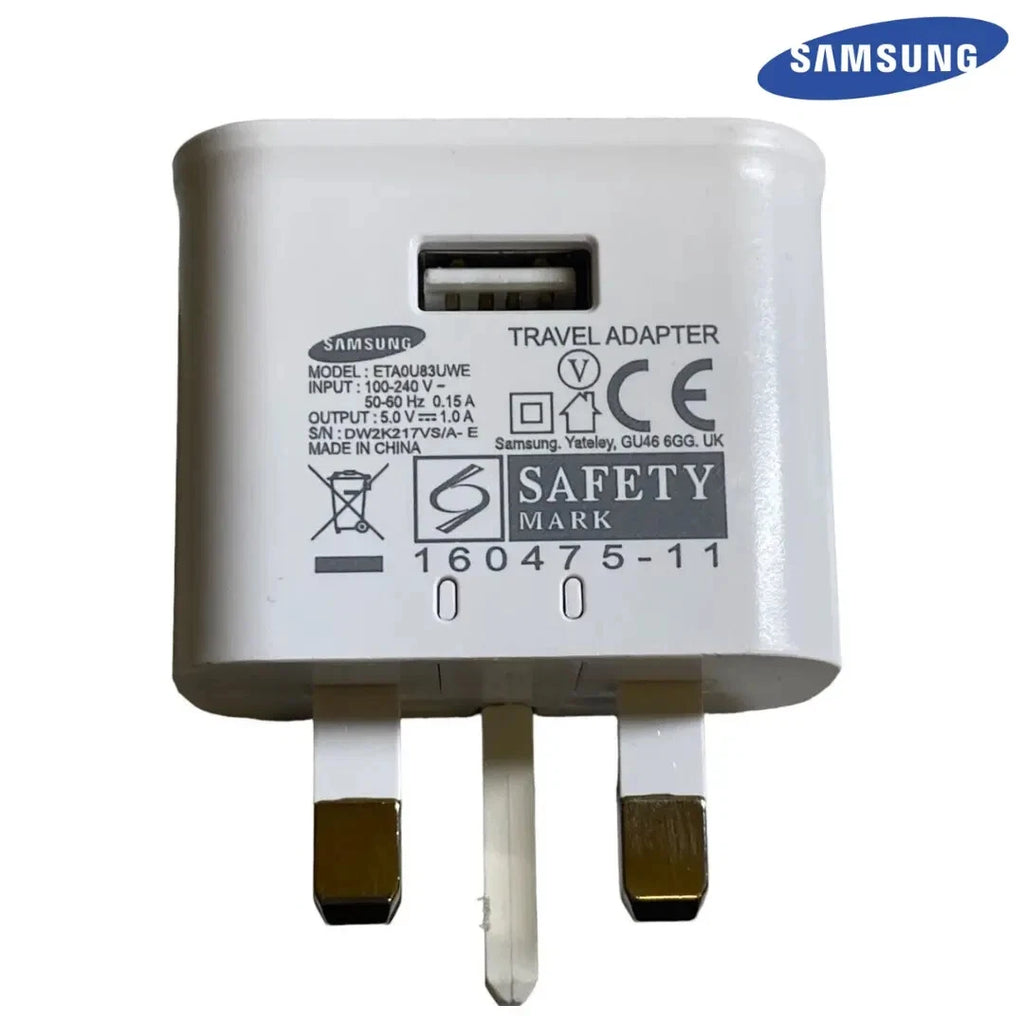 Genuine Samsung 1 Amp USB Charging Plug Adaptor ETA0U83UWE Plug + Cable - White