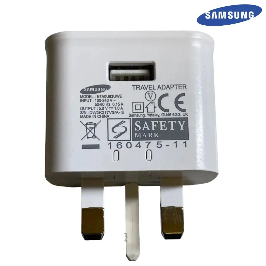 Genuine Samsung 1 Amp USB Charging Plug Adaptor ETA0U83UWE Plug + Cable - White
