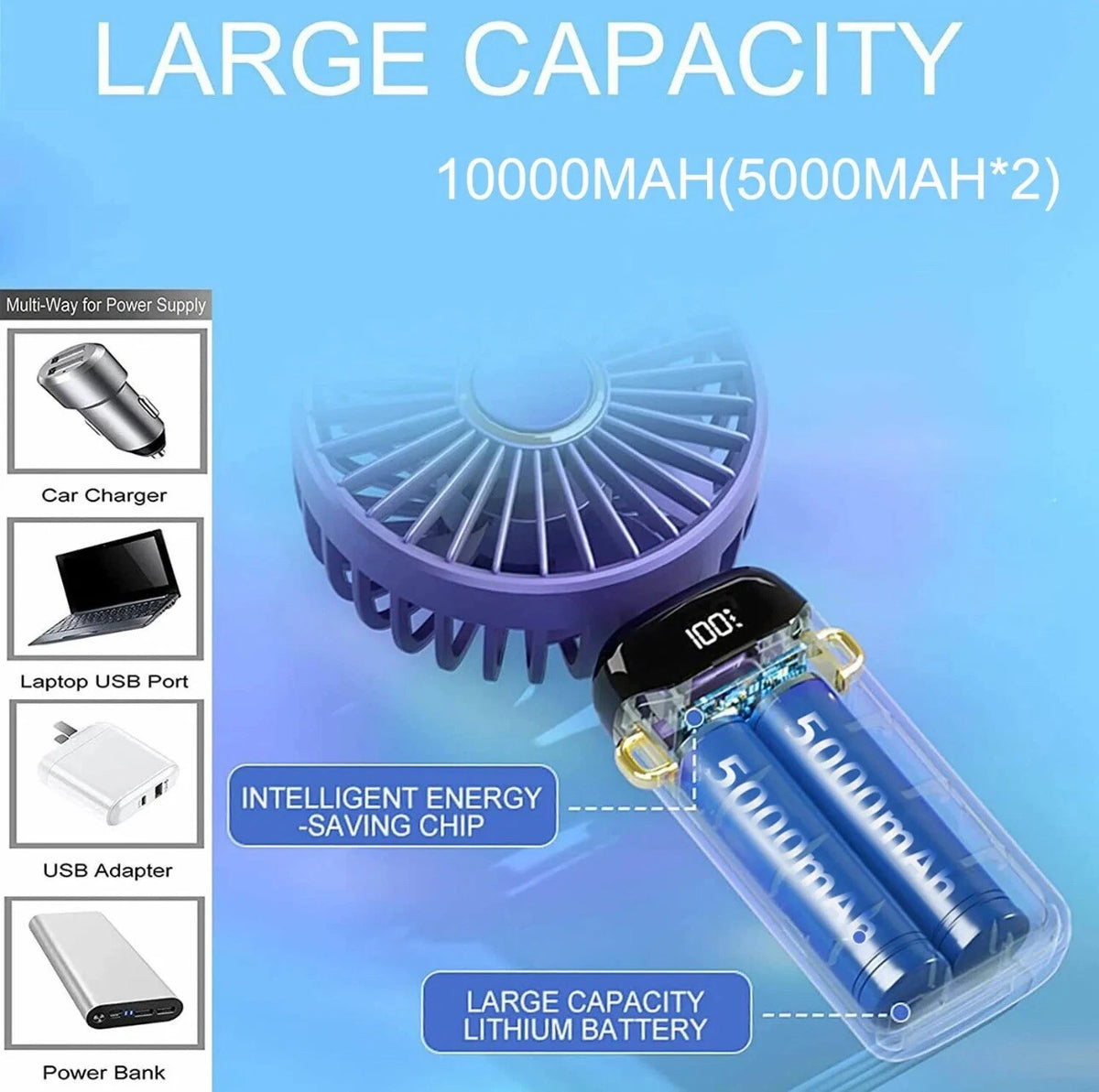 UK Portable Hand-held Fan Mini Folding Desk Fan Cooler USB Rechargeable - Blue